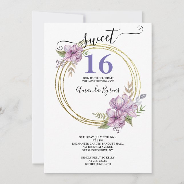 Elegant Lavender och Guld Sweet 16 Blommigtar Circ Inbjudningar (Framsida)
