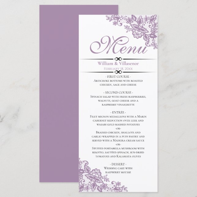 Elegant Lavender på White Wedding Meny (Fram/baksida)