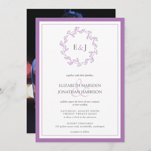 Elegant Lavender Photo Monogram andedräkt Inbjudningar (Fram/baksida)