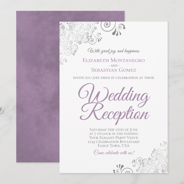 Elegant Lavender Purple & Silver Wedding Reception Inbjudningar (Fram/baksida)