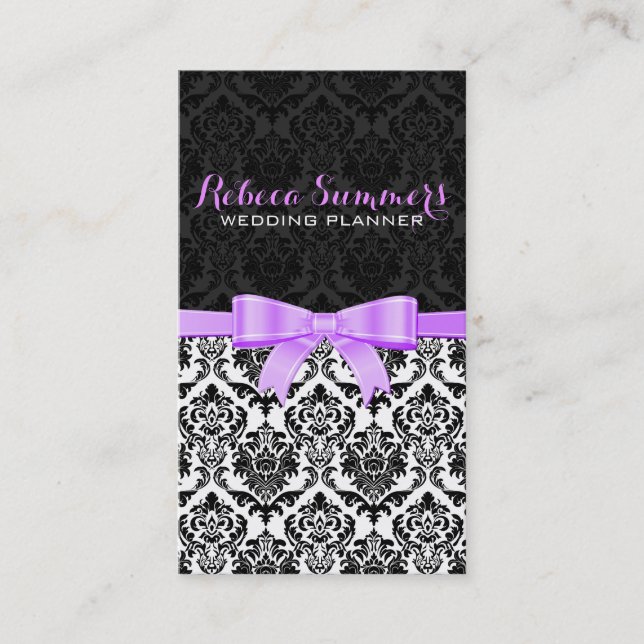 Elegant Lavender Ribbon Black & White Damasks 2 Visitkort (Framsida)