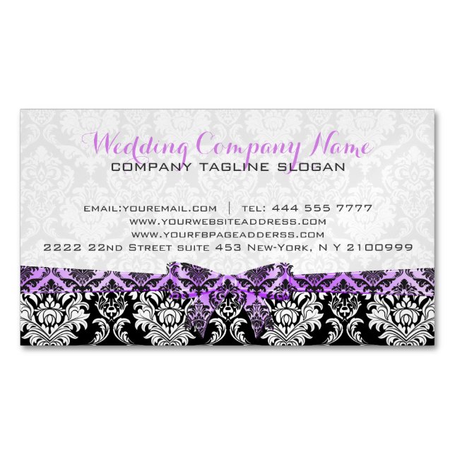 Elegant Lavender Ribbon Black & White Damasks 2 Visitkortmagnet (Framsida)