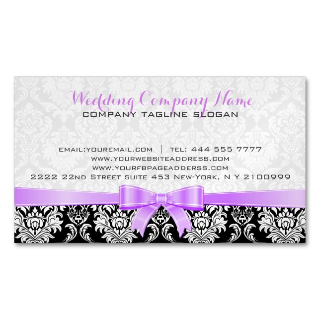 Elegant Lavender Ribbon Black & White Damasks Visitkortmagnet (Framsida)