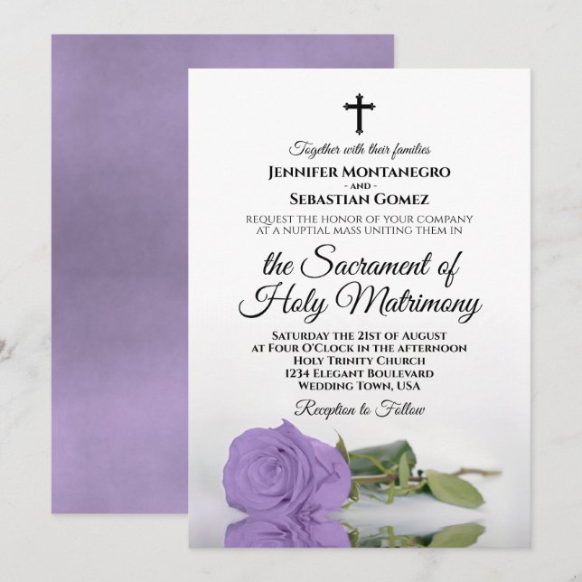 Elegant Lavender Ro Modern katolska Bröllop Inbjudningar (Fram/baksida)