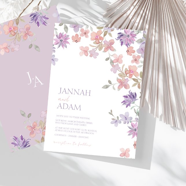 Elegant Lavender Rosa Whimsical Wildblomma Bröllop Inbjudningar (Elegant Lavender Pink Whimsical Wildflower Wedding Invitation)