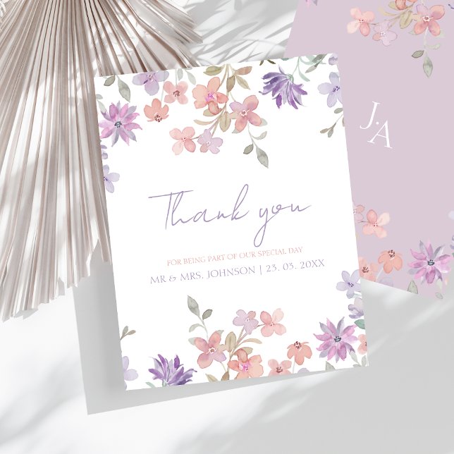 Elegant Lavender Rosa Whimsical Wildblomma Bröllop Tack Kort (Elegant Lavender Pink Whimsical Wildflower Wedding Thank You Card)