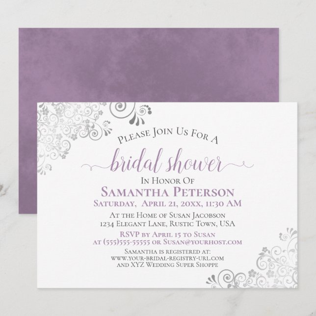 Elegant Lavender & Silver Snöre White Möhippa Inbjudningar (Fram/baksida)