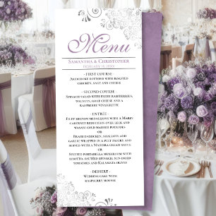 Elegant Lavender & Silver Swirls on White Bröllop Meny