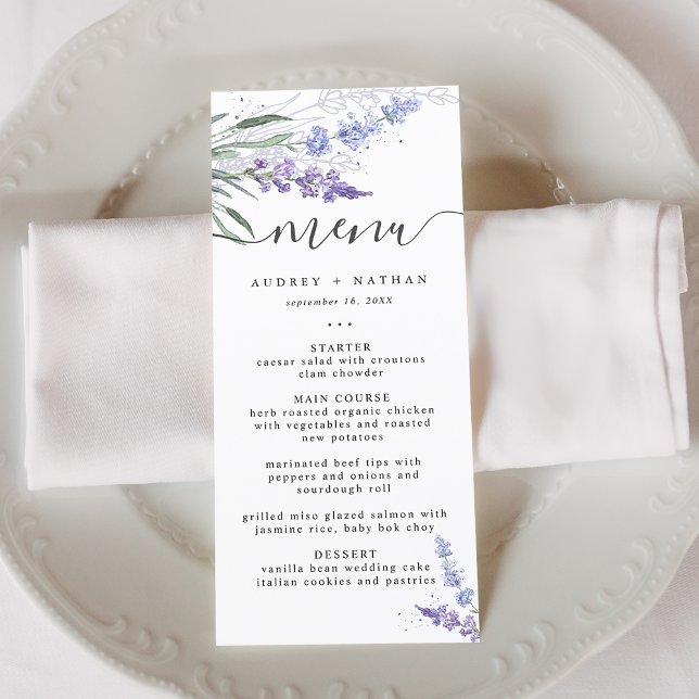 Elegant Lavender Watercolor Bröllop Meny (Elegant Lavender Watercolor Wedding Menu)
