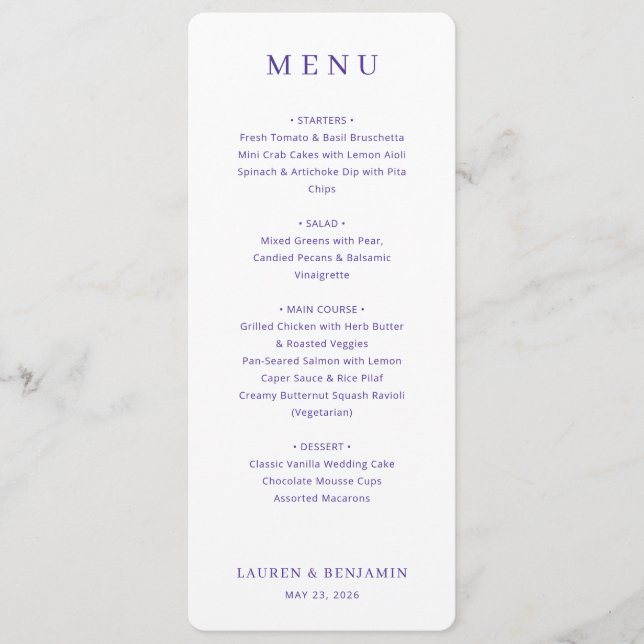 Elegant Lavender Wedding Menu Meny (Framsida)