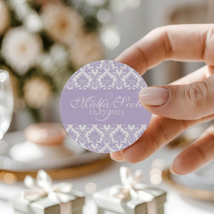 Elegant Lavender White Damask Wedding Favor Runt Klistermärke