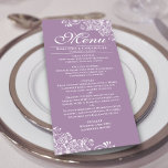Elegant Lavender & White Frilly Corners Bröllop Meny<br><div class="desc">Denna vackra lila eller lavender färgad-meny kommer att lägga lite stil till din bröllopsmottagning. Den har en enkel men vacker utformning med elegant, skript och dekorativa vita kurvor och snurrar i hörnen. Det finns utrymme för namn från paret och bröllop, och texten är helt anpassade. Snyggt, klass och glam, den...</div>
