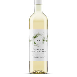 Elegant Leafy Eucalyptus Utandning Monogram Bröllo Vinflaska Etikett