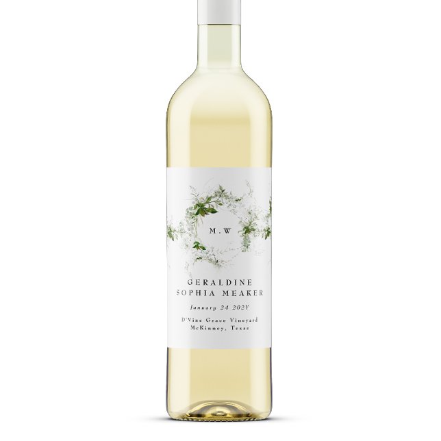 Elegant Leafy Eucalyptus Utandning Monogram Bröllo Vinflaska Etikett (Skapare uppladdad)