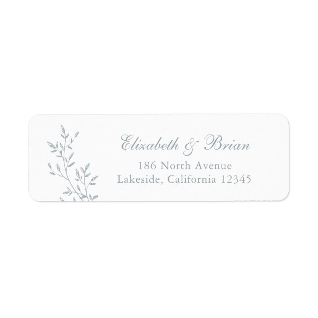 Elegant Leafy Gren Blue Script Bröllop Adress Returadress Etikett (Framsidan)