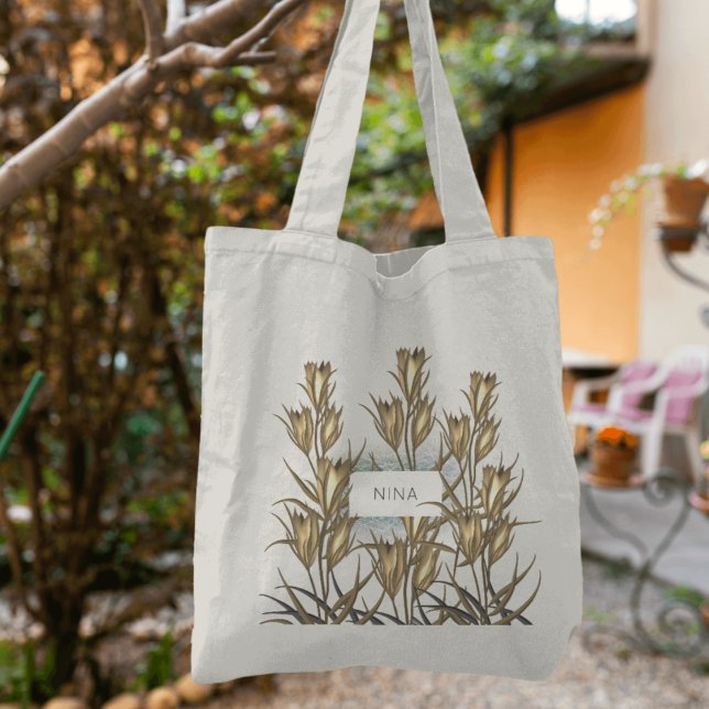 Elegant leafy hop med blommor beige och guld tygkasse (Skapare uppladdad)