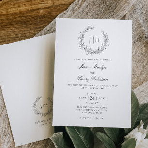 Elegant Leafy Monogram Vapensköld Bröllop Inbjudningar