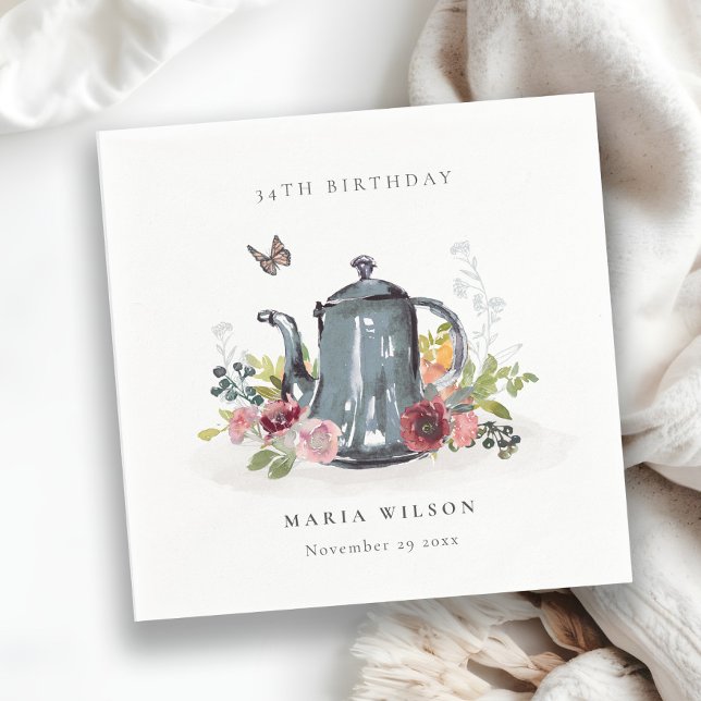 Elegant Leafy Ro Blommigt Tekanna oavsett ålder Pappersservett (Skapare uppladdad)