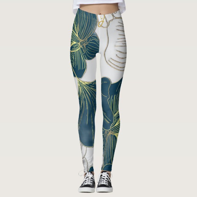 Elegant Leaves of Blue With Gold Lines Botanical Leggings (Framsida)