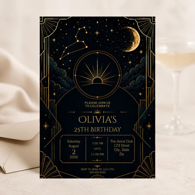 Elegant Lejon 25-års födelsedagsinbjudan | Svart G Inbjudningar (Glamorous Leo 25th birthday invitation with black gold stars, zodiac art and Art Deco style.)