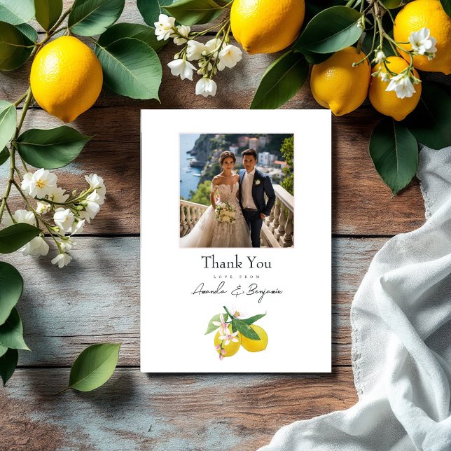Elegant Lemon Botanical Bröllop Photo Tack Kort (Elegant Lemon Botanical Wedding Photo Thank You Card)
