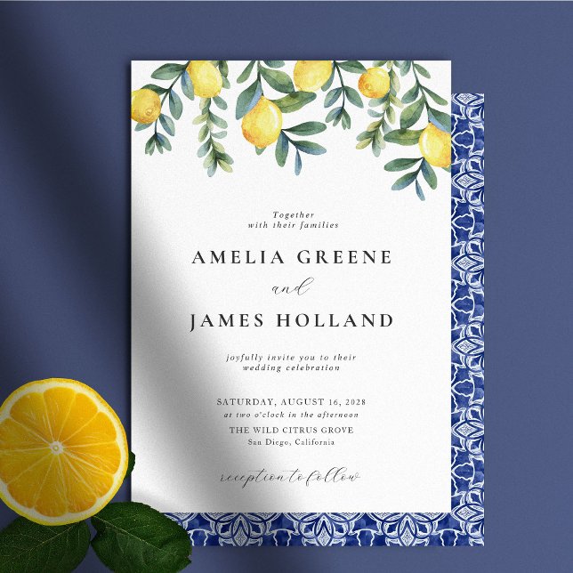 Elegant Lemon Botaniska blåa Medelhavet bröllop Inbjudningar (Elegant watercolor lemon wedding invitations with mediterranean blue tile back pattern. )