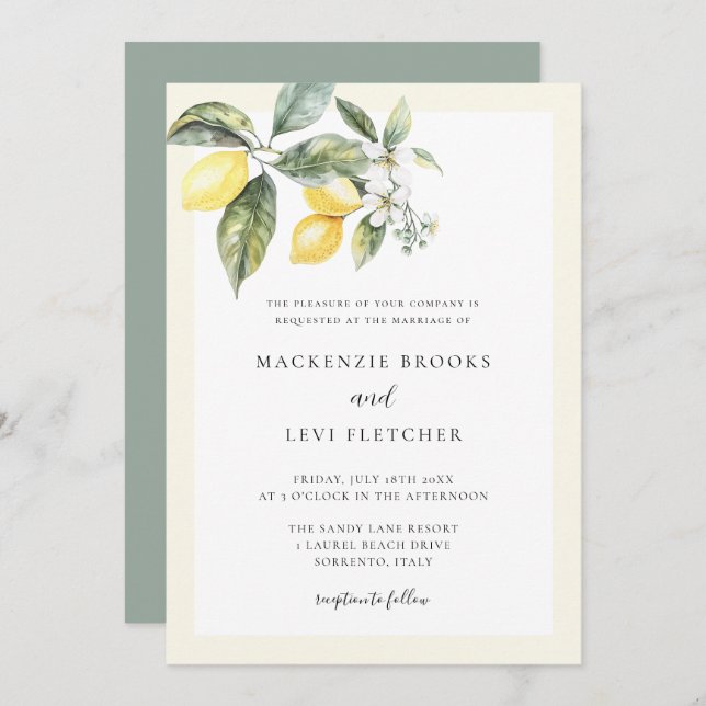 Elegant Lemon Butter Gult Natur Bröllop Inbjudningar (Fram/baksida)