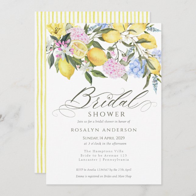 Elegant Lemon Floral Citrus Bridal Shower Inbjudningar (Fram/baksida)