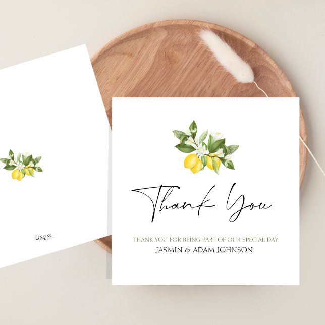 Elegant Lemon Greenery Bröllop Tack Kort (Citrus Lemons and Greenery Summer Fruits Wedding Thank You Card)