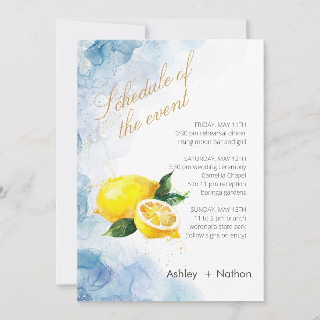 Elegant Lemon gult & Blue Watercolor Bröllop Inbjudningar (Framsida)