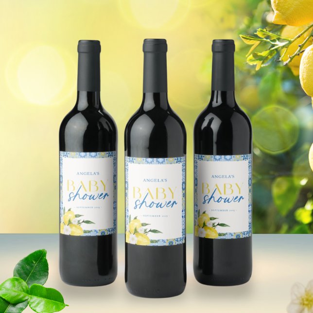 Elegant Lemon Mediterranean Baby Shower Vin-etiket Vinflaska Etikett (Skapare uppladdad)