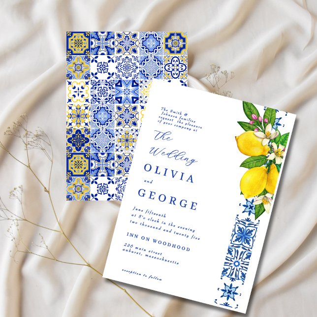 Elegant Lemon och Blue Mediterranean Bröllop Inbjudningar (Skapare uppladdad)