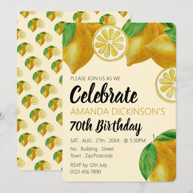 Elegant Lemon Sketch Birthday Inbjudningar (Fram/baksida)