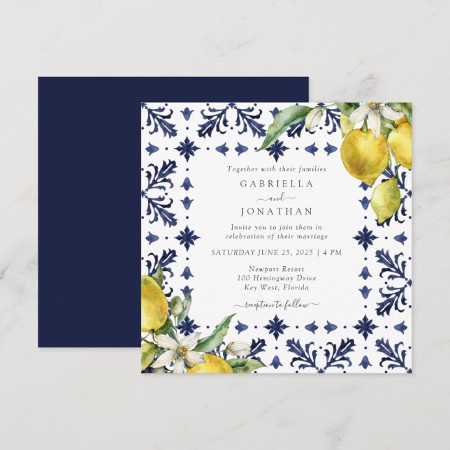 Elegant Lemon Watercolor Blue Tile Bröllop Inbjudningar (Fram/baksida)