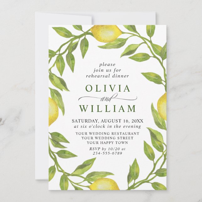 Elegant Lemon Watercolor Greenery REHEARSAL DINNER Inbjudningar (Framsida)