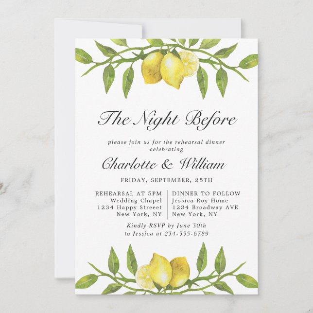 Elegant Lemon Watercolor Greenery REHEARSAL DINNER Inbjudningar (Framsida)