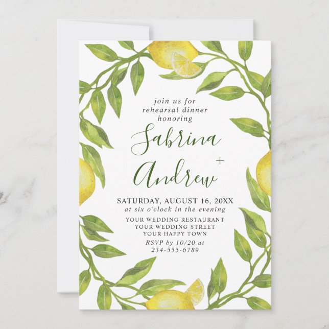 Elegant Lemon Watercolor Greenery REHEARSAL DINNER Inbjudningar (Framsida)