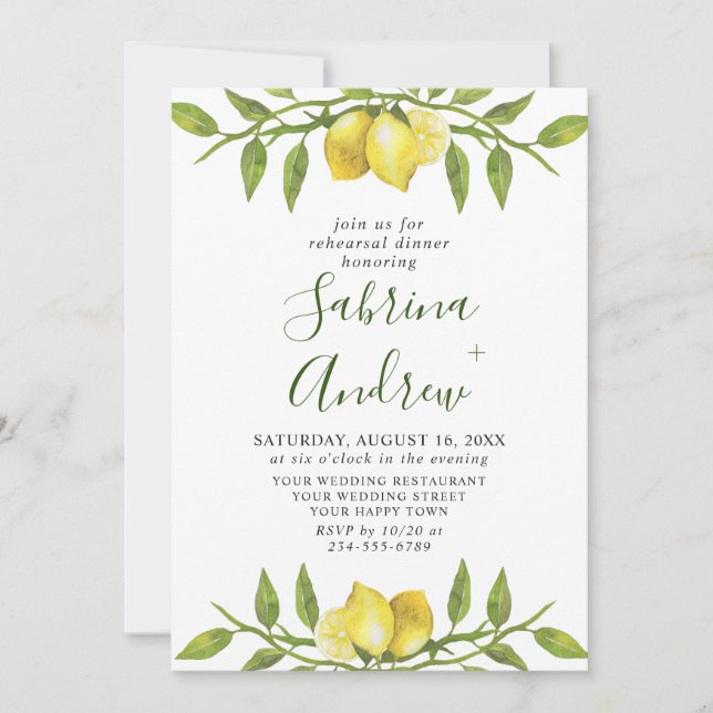 Elegant Lemon Watercolor Greenery REHEARSAL DINNER Inbjudningar (Framsida)