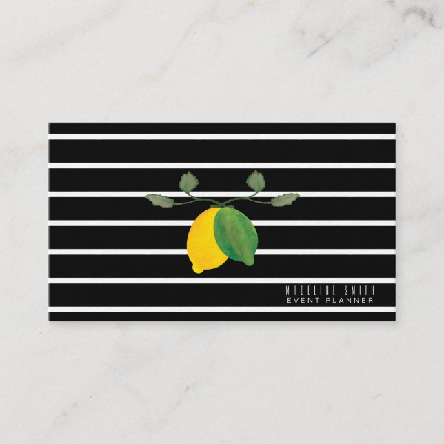 Elegant Lemon Watercolor Ränder Svart Visitkort (Framsida)