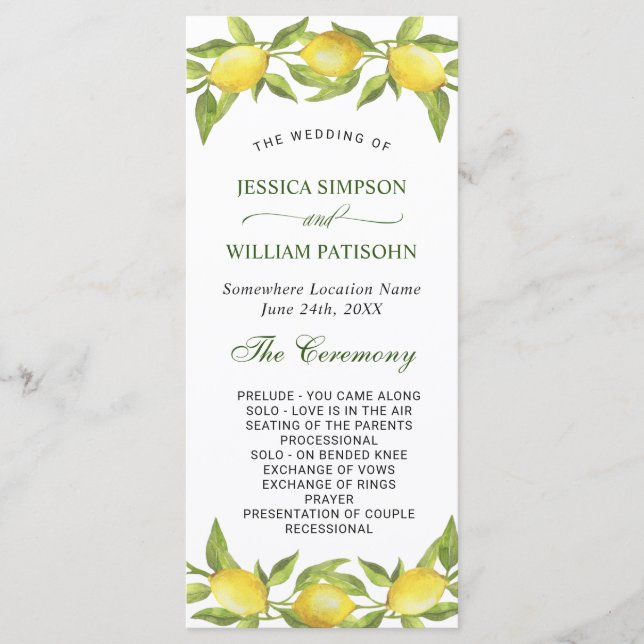 Elegant Lemons Greenery Bröllop Ceremony Program (Framsida)