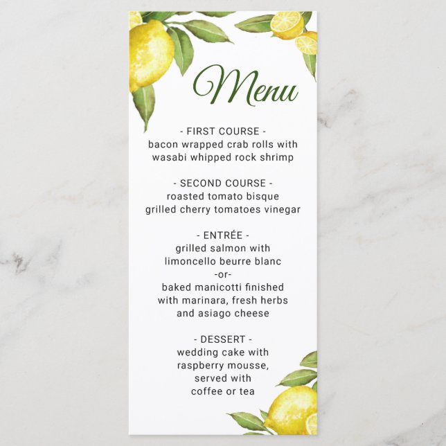 Elegant Lemons Greenery Bröllop Dinner Menu Meny (Framsida)