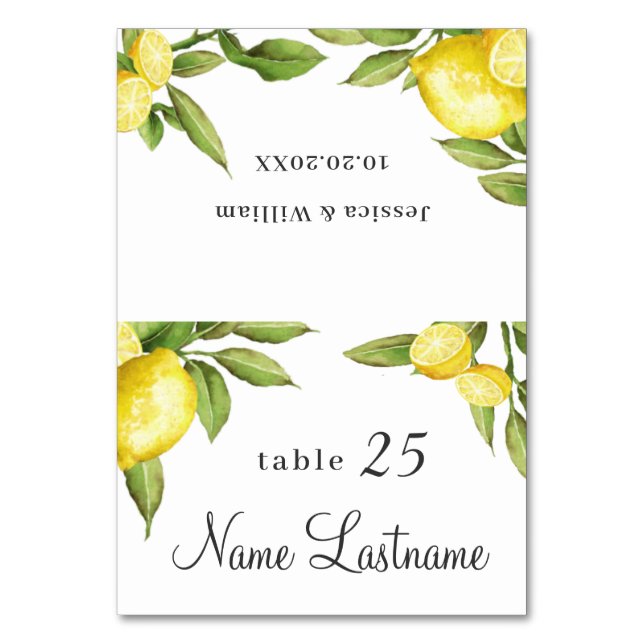 Elegant Lemons Greenery Bröllop Escort Card Bordsnummer (Framsidan)
