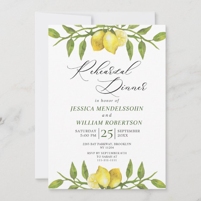 Elegant Lemons Greenery Modern Rehearsal Dinner Inbjudningar (Framsida)