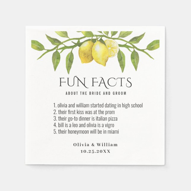 Elegant Lemons Greenery Roligt Facts Bröllop Pappersservett (Framsidan)