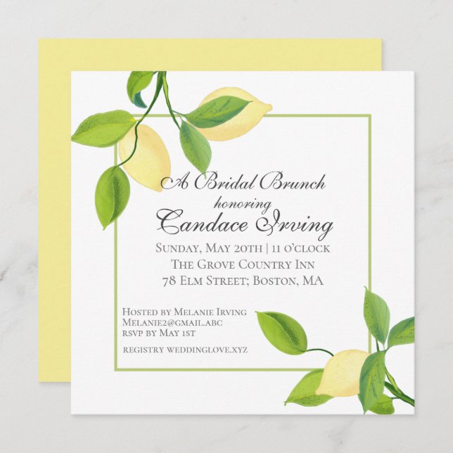 Elegant Lemons Möhippa Brunch-inbjudan Inbjudningar (Fram/baksida)
