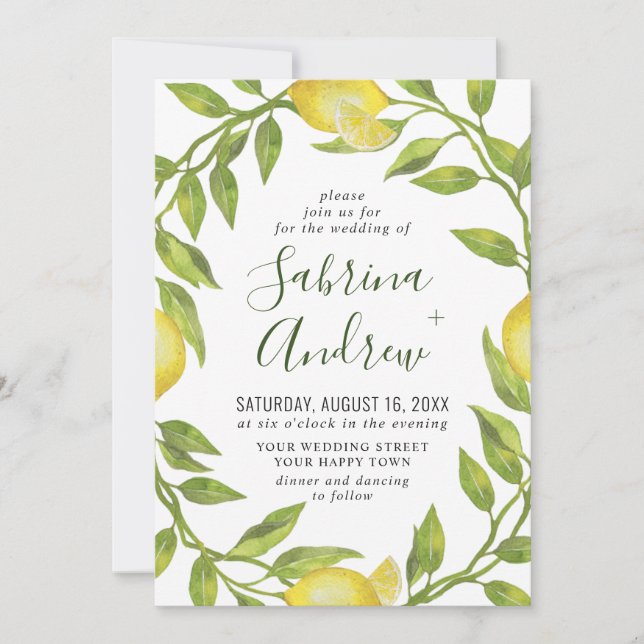 Elegant Lemons Watercolor Greenery Bröllop Inbjudningar (Framsida)