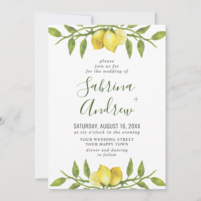 Elegant Lemons Watercolor Greenery Bröllop Inbjudningar (Framsida)