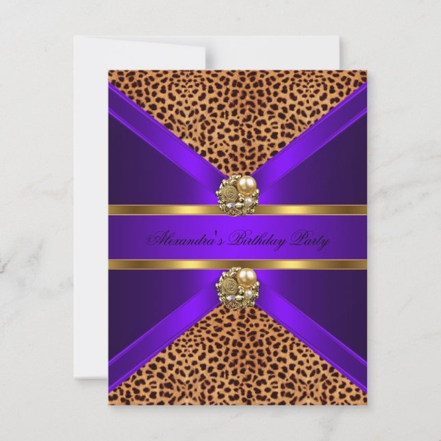 Elegant Leopard Animal Lila Guld Black Birthday Inbjudningar (Framsida)