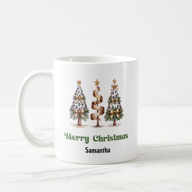 Elegant leopard christmas trees custom name mug kaffemugg (Vänster)