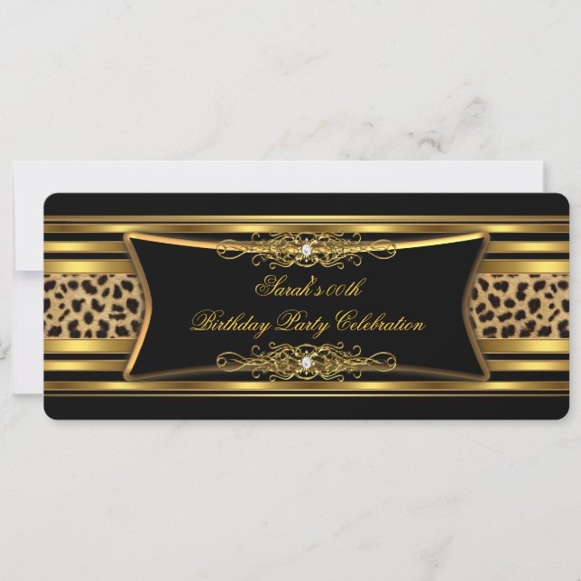 Elegant Leopard Födelsedagsfest Svart Guld Inbjudningar (Framsida)